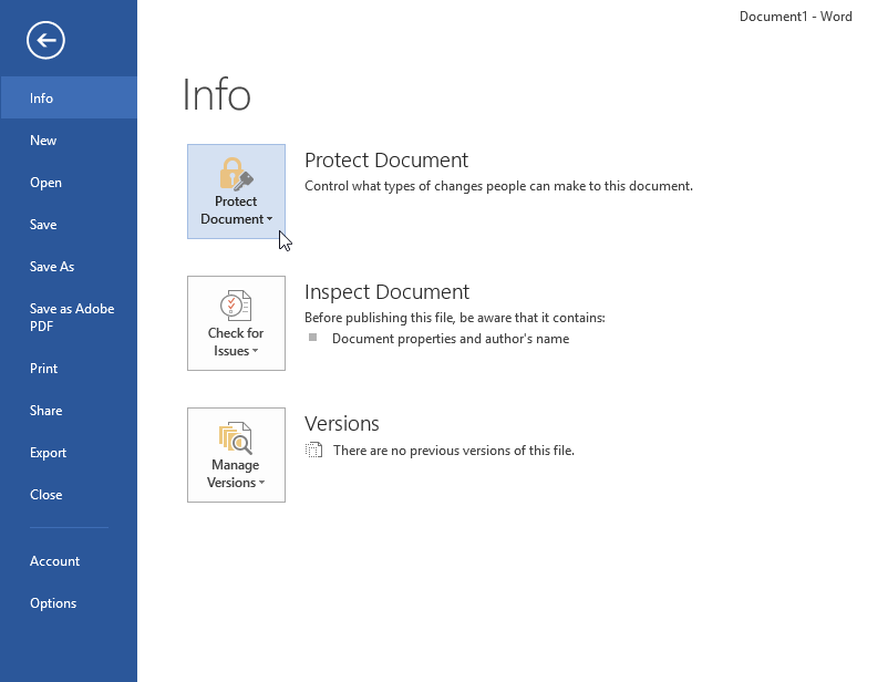 Word Document info page in Microsoft Office 2013/2016 